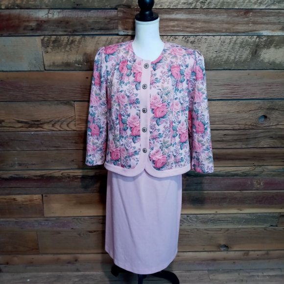 Gert Tiedeman Vtg Womans Size Large Skirt and Top Suit Shoulder Pads Pink Roses - Picture 1 of 11